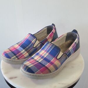 Dansko Plaid Slip-On Shoes in Blue, Pink & Cream Size 36